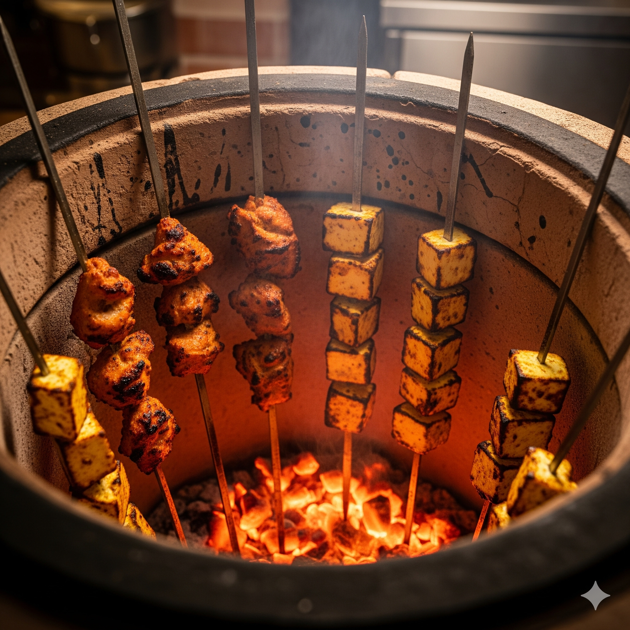 Skewers of grilled chicken tikka